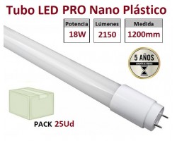 Tubo LED T8 1200mm Nano PC 18W, conexión 1 lado, Caja de 25 ud x 8,00€/ud.