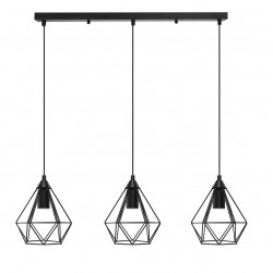 Lámpara Colgante Vintage estructura metálica Negra Diamante con 3 p/lampara E27, cable y florón lineal