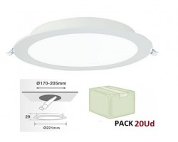 Downlight LED Redondo 221mm Blanco 18W 1600Lm, Corte 170-205mm. Ideal para Techos Lamas, serie ECO Pack caja 20ud a 3,80€/ud