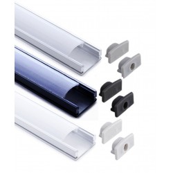 Perfil Aluminio Superficie ECO4 17x7mm. para tiras LED, barra de 2 Metros -completo- Plata, Blanco ó Negro (desde 2,55€/m)