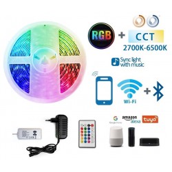 KIT Tira LED 5 mts Flexible 12V 24W 450 Led SMD IP65 RGB+CCT Wifi, para Smartphone y control voz