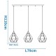 Lámpara Colgante Vintage estructura metálica Negra Diamante con 3 p/lampara E27, cable y florón lineal