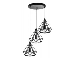 Lámpara Colgante Vintage estructura metálica Negra Diamante con 3 p/lampara E27, cable y florón redondo