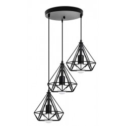 Lámpara Colgante Vintage estructura metálica Negra Diamante con 3 p/lampara E27, cable y florón redondo